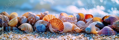 Colorful seashells on the beach outdoors