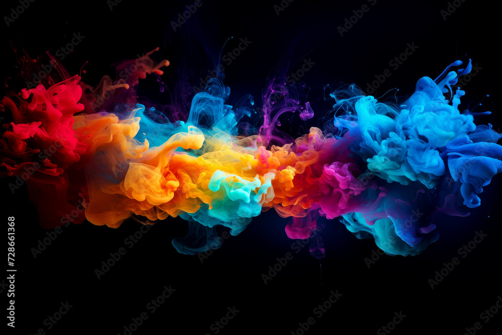 Dynamic flow of vibrant ink colors drops creating colorful smoke effect - obrazy, fototapety, plakaty 
