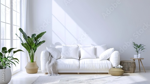 Elegant Interior, Modern White Living Room with Sofa and Plant