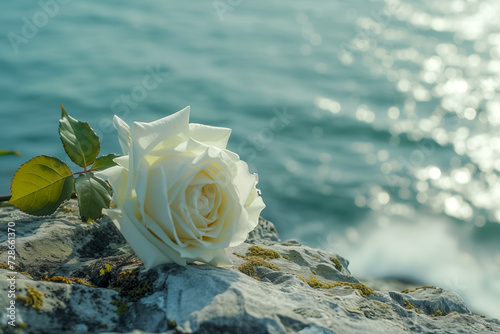Single white rose on a rock on ocean background, outdoor funeral or wedding ceremony, tribute and scattering ashes in nature,condolences and sympathy card