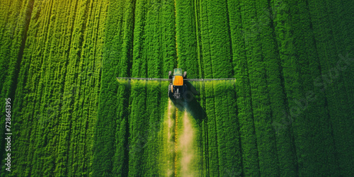 Overhead shot of a farming tractor spraying fertilizers on vibrant crops in a rural field. photo