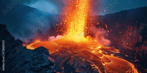 Canvas Print Volcano erupting with hot molten lava