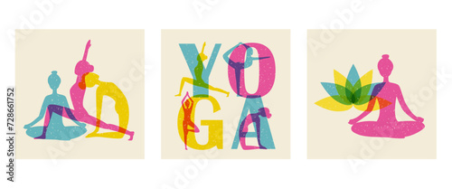 Set of square template for social media network yoga in risograph style.Silhouette of girls in different yoga poses.Vector stock illustration.