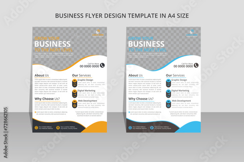 modern creative business flyer design template with trend 2 colors. Double A4 size flyer and brochure design layout idea. vector illustration unique design navy blue and brand yellow orange.