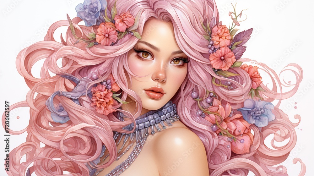an illustration of a beautiful girl with pink hair and flowers