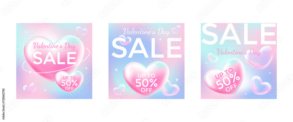 Set of square banner template for social media network sale Valentine's day.Delicate cute airy 3D heart gradient.Vector stock illustration. Set of square banner template for social media network sale Valentine's day.Delicate cute airy 3D heart gradient.Vector stock illustration.
