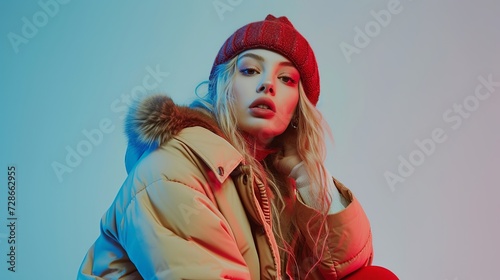 curvier women's fashion shot, outerwear collection, winter vibes, white women, studio shot photo