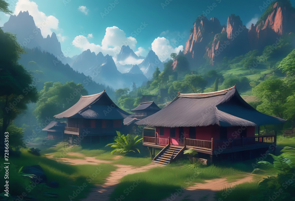 Obraz premium Cozy authentic Indian village, houses against a background of green forest and mountains, mural for room design,