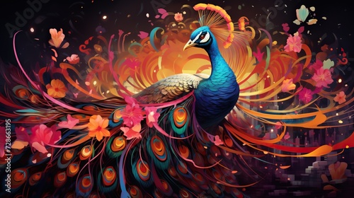 an artistic peacock with colorful feathers and flowers