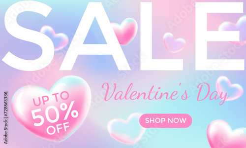 Valentine's day sale banner.Delicate cute airy 3d heart gradient.Candy colors.Vector stock illustration.