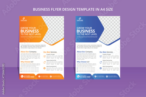 modern creative business flyer design template with trend 2 colors. Double A4 size flyer and brochure design layout idea. vector illustration unique design navy blue and brand yellow orange.