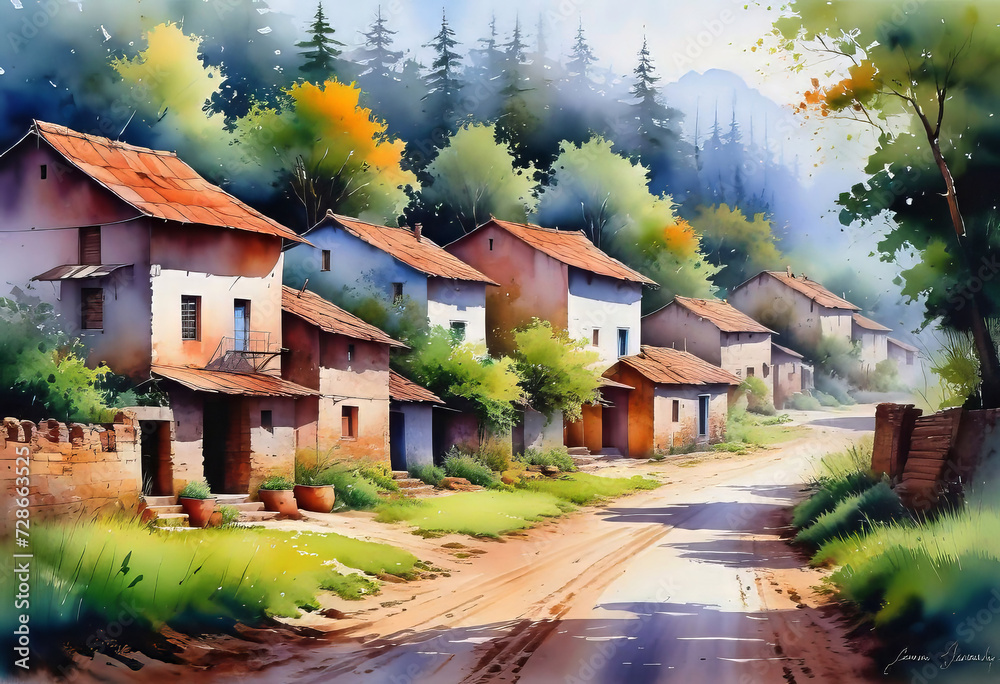 Beautiful watercolor of Indian village, houses against green forest background, watercolor painting for home, wall mural, Beautiful watercolor of Indian village, houses against green forest background, watercolor painting for home, wall mural,