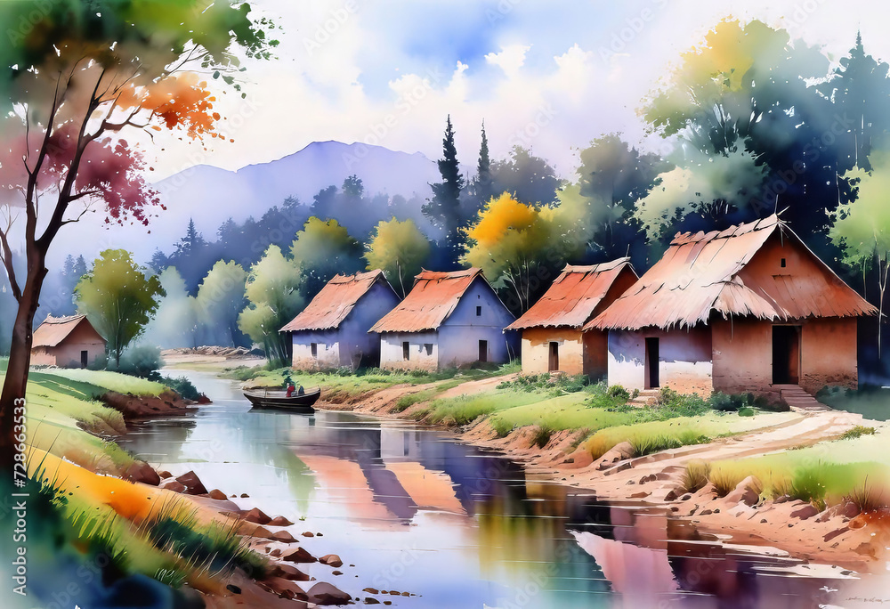 Fototapeta premium Beautiful watercolor of Indian village, houses against green forest background, watercolor painting for home, wall mural,