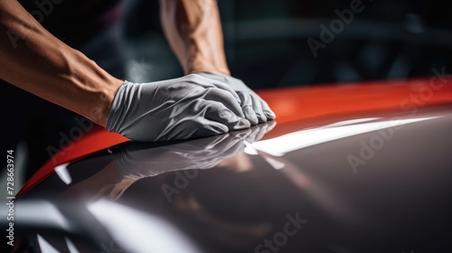 Style magazine close up hands applying auto body putty on polished car deck 