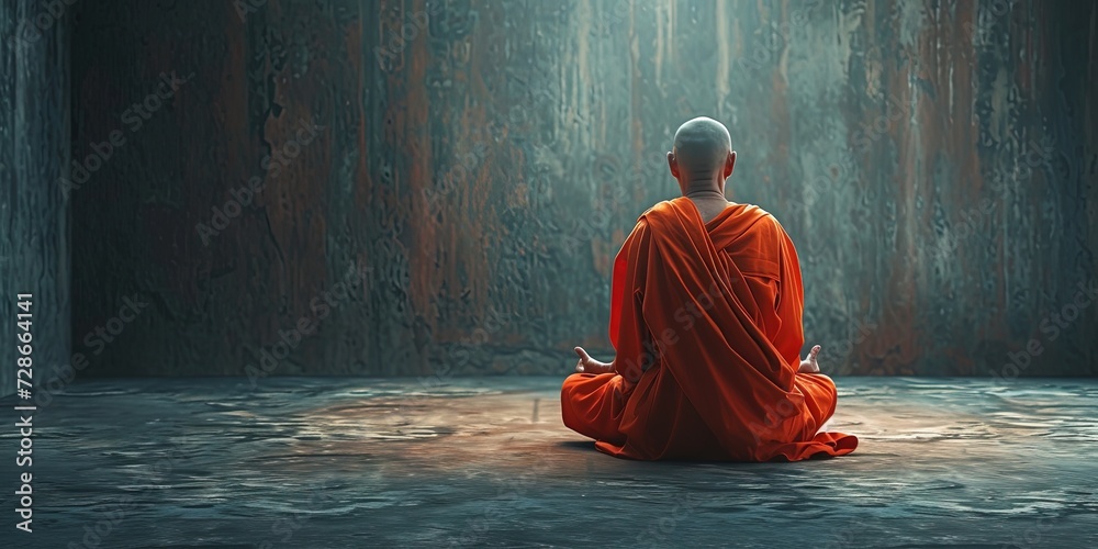 Buddhist monk in orange robes meditating in prayer for zenlike peace - obrazy, fototapety, plakaty 