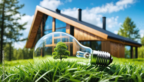 Concept d'économie d'énergie verte et de maison 
 écologique. Ampoule sur fond de nature -  IA générative photo