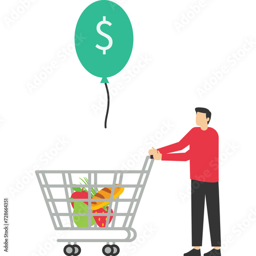 Consumer purchasing power decline concept, Inflation causes price increase, stocks or funds are overvalued, hot air balloons tied with product price tags fly high in the sky. vector illustration.