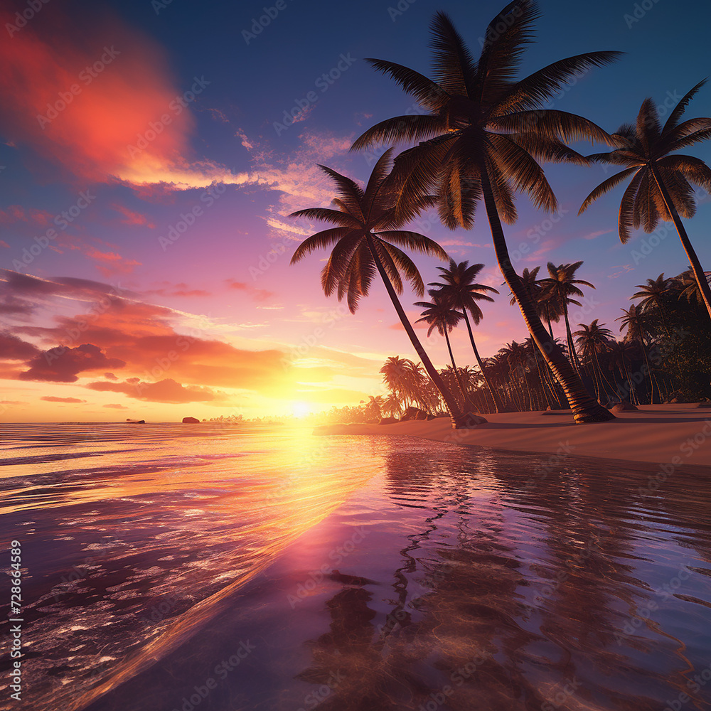 3d rendered photos of sunset with palm trees on side made with generative AI