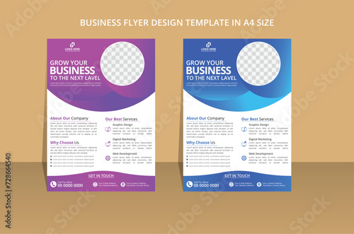 modern creative business flyer design template with trend 2 colors. Double A4 size flyer and brochure design layout idea. vector illustration unique design navy blue and brand purple gradient