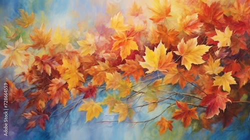 Autumn leaves cascade down in a calming rhythm  forming a colorful  natural tapestry 