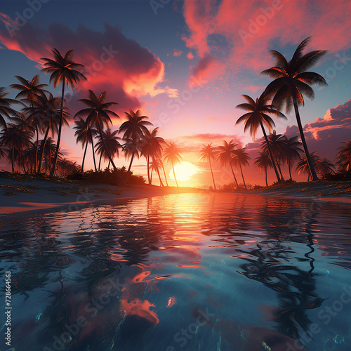 3d rendered photos of sunset with palm trees on side made with generative AI