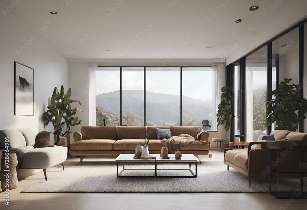 Fototapeta premium large modern living room with a view of mountains in the background