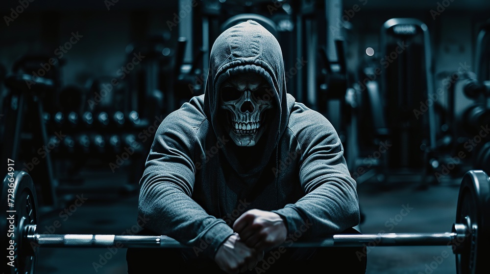 strong body skull in hoodie sitting on bench press, with big biceps at gym, flexing muscles poster style motivation, dark  - obrazy, fototapety, plakaty 