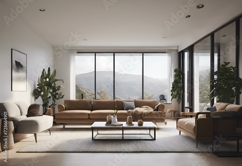 large modern living room with a view of mountains in the background © Wirestock