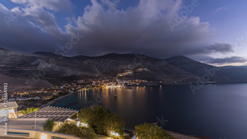 Panorama showing Amorgos island aerial day to night timelapse from above. Greece
