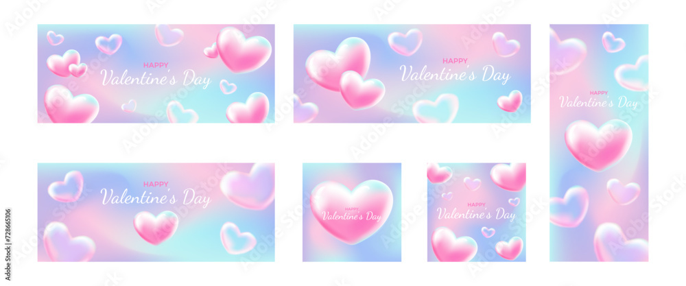 Set of Happy Valentine's Day template.Tender cute 3D heart in the air.Collection banner with text.Pink, purple.Trend gradient.Vector stock illustration. Set of Happy Valentine's Day template.Tender cute 3D heart in the air.Collection banner with text.Pink, purple.Trend gradient.Vector stock illustration.