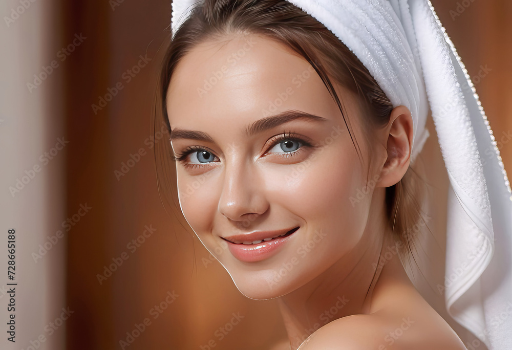 Fototapeta premium Young happy beautiful woman in towel, spa and skin care concept, copy space,