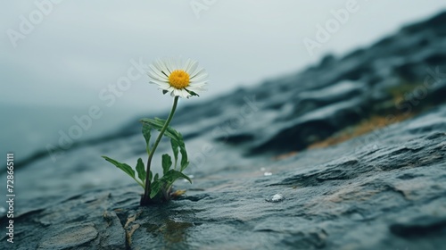 A wild flower grows on a cliff, on a rainy day  © Thuch