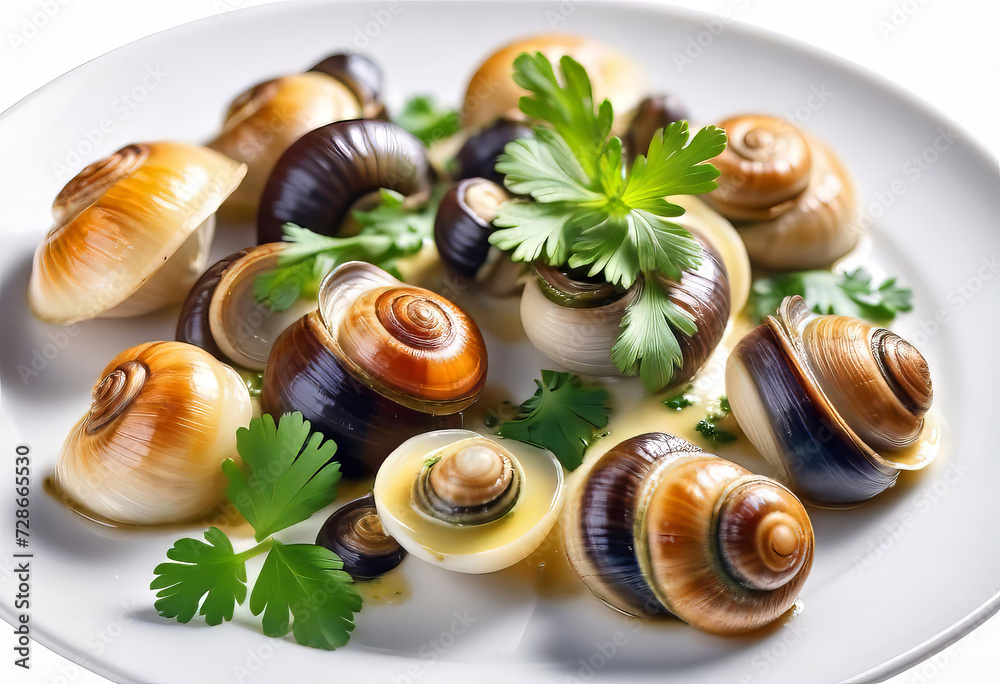 Cooked Escargots De Bourgogne snails with garlic butter and parsley on a plate in a restaurant, delicious and healthy food, Cooked Escargots De Bourgogne snails with garlic butter and parsley on a plate in a restaurant, delicious and healthy food,