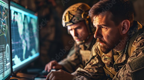 Leinwand Poster US military officers looking at a computer screen during a command and control e