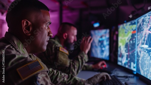 US military officers looking at a computer screen during a command and control exercise