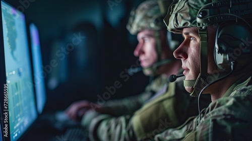 Fotografiet US military officers looking at a computer screen during a command and control e