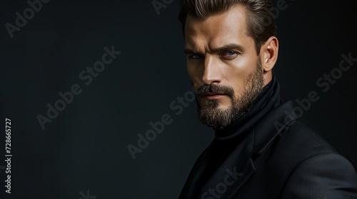 Very beautiful man, brutal, model, 30 years old, in black official suit, Looks straight photo
