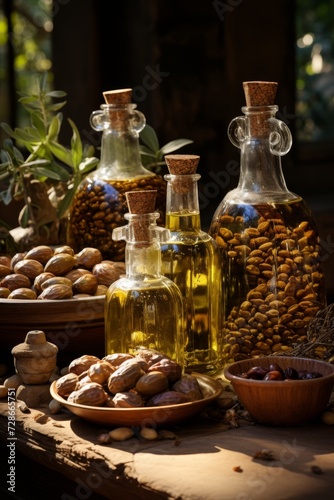 Fresh olives on the table and olive oil in a bottle. Olive harvest