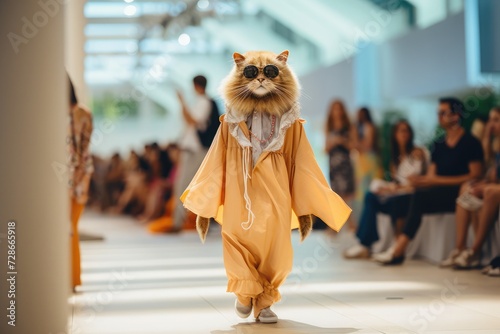A cool cat wearing summer attire on a runway show, girl,odel figure, thin figure,