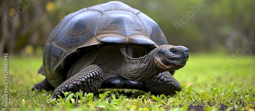 El Chato Reserve in Galapagos Islands featuring large, long-necked tortoise (Chelonoidis niger) with black shell. photo