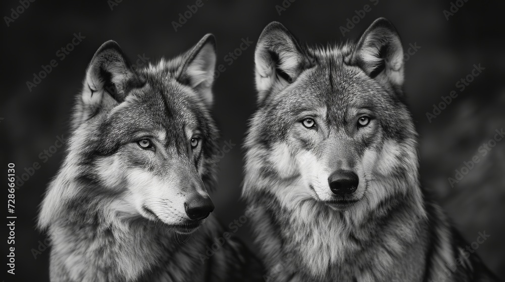 Wolves in nature, a black and white background