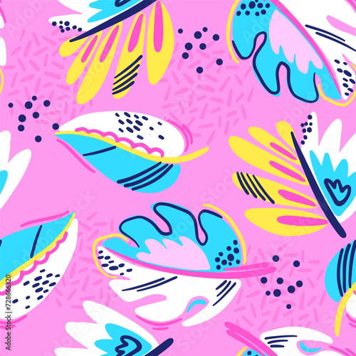 Fashion tropical funny wallpapers. Seamless pattern with leaf on pink background.