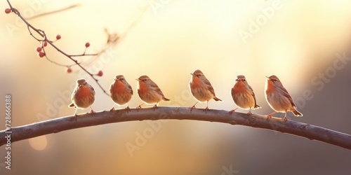 A flock of five birds were singing happily on the branch, High and short depth of field,