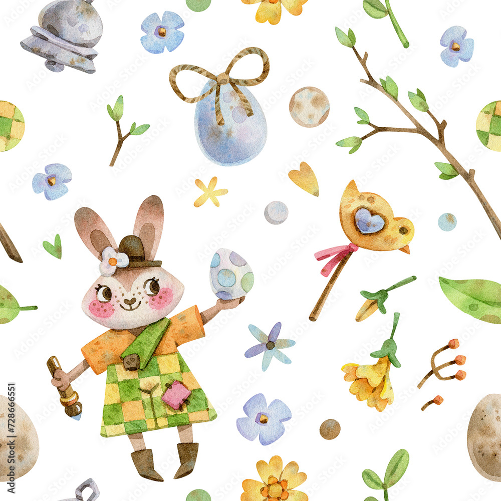 Obraz premium Watercolor seamless pattern illustrations on an Easter theme. Easter bunny with flowers and eggs. Background for packing paper, decor, and textiles.