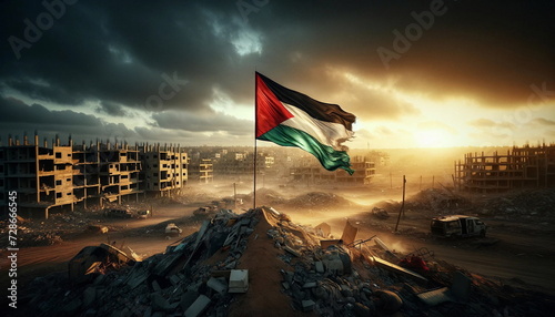 Palestinian flag in the rubble