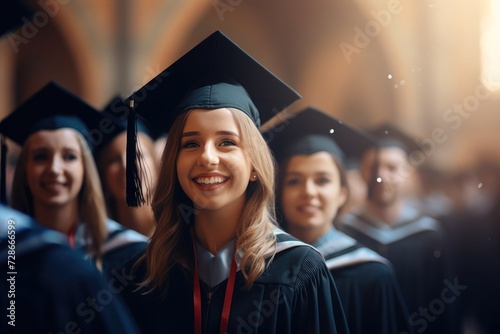 A group of graduates in graduation standing next to one another, in the style of vray tracing, 