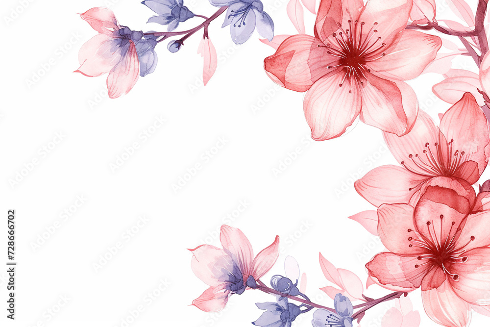 Frame made of pink blue spring flowers on a white background. Copy space. Template, invitation, greeting card design.