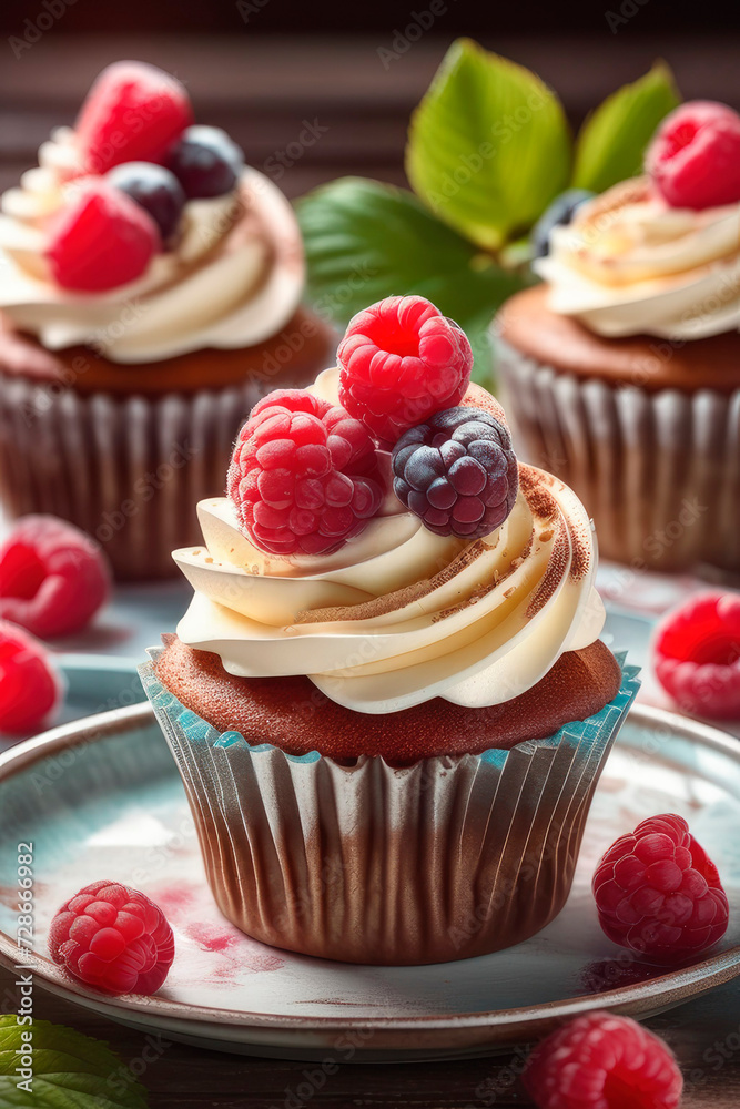 Vanilla raspberry cupcake with ligth cream topping garnished with berries.
