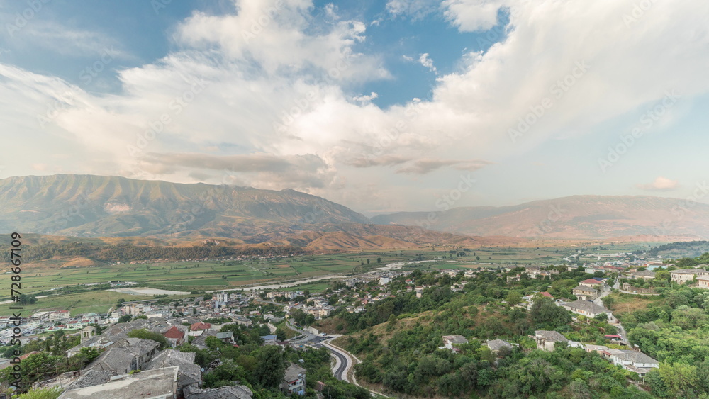 Panorama showing Gjirokastra city from the viewpoint of the fortress of the Ottoman castle of Gjirokaster timelapse.