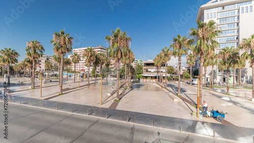 Panorama showing aerial view of the fountains and palms on the main square Sheshi Liria in Durres timelapse, Albania